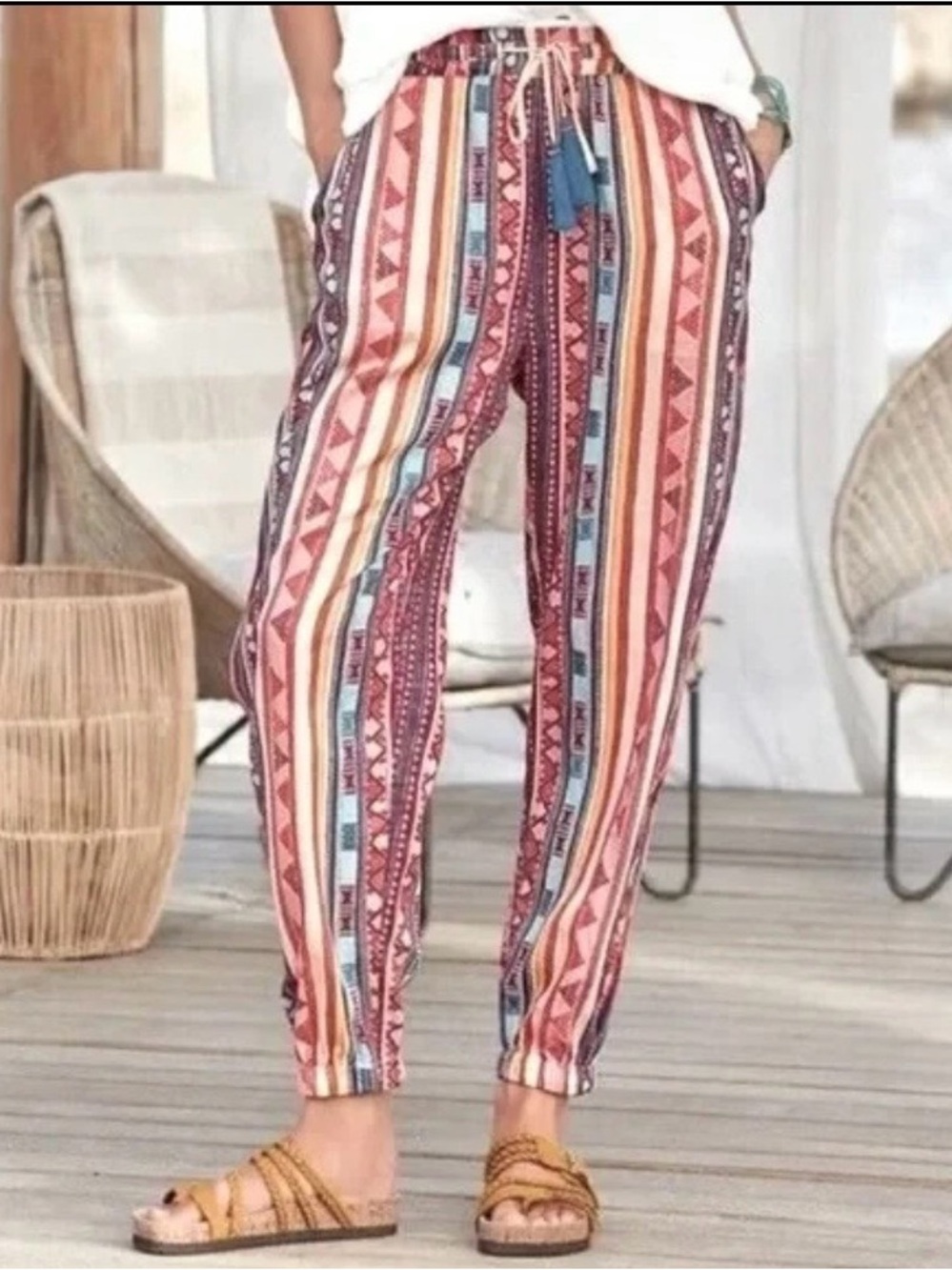 Sundance Multicolor Tribal Stripe Drawstring Cotton Joggers XXL